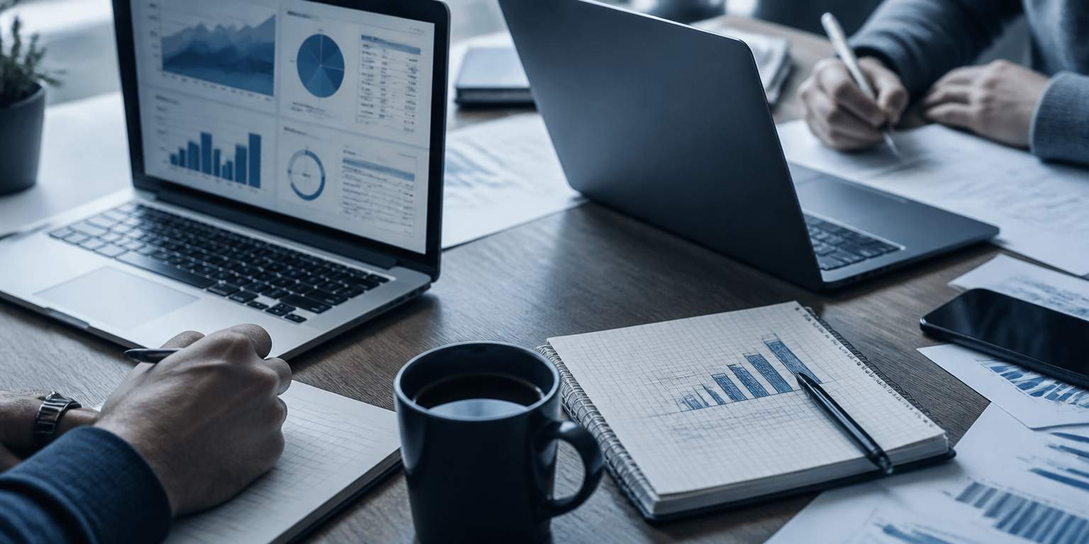 Detalle de mesa de trabajo con portátiles y gráficos de estrategia de marketing, agencia Ranky en Vitoria-Gasteiz