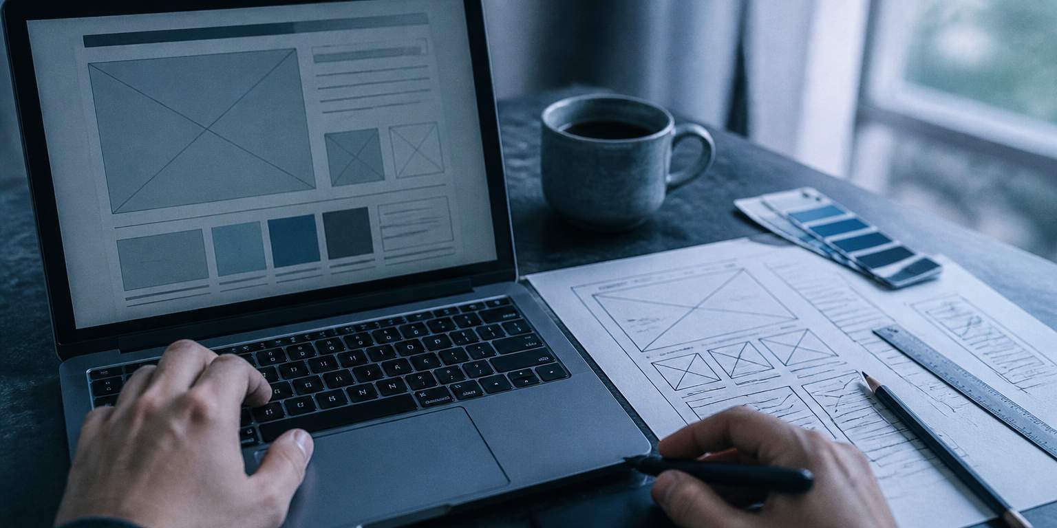 Portátil con maqueta de diseño web sobre mesa de trabajo, agencia Ranky en Vitoria-Gasteiz