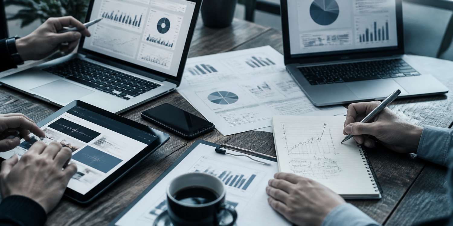 Mesa de trabajo con portátiles y gráficos de marketing digital, agencia Ranky en Vitoria-Gasteiz