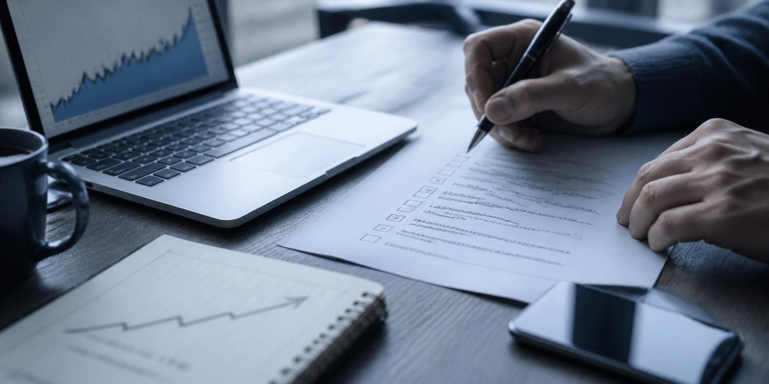 Mesa de briefing con notas, portátil y gráfico de crecimiento, agencia Ranky en Vitoria-Gasteiz