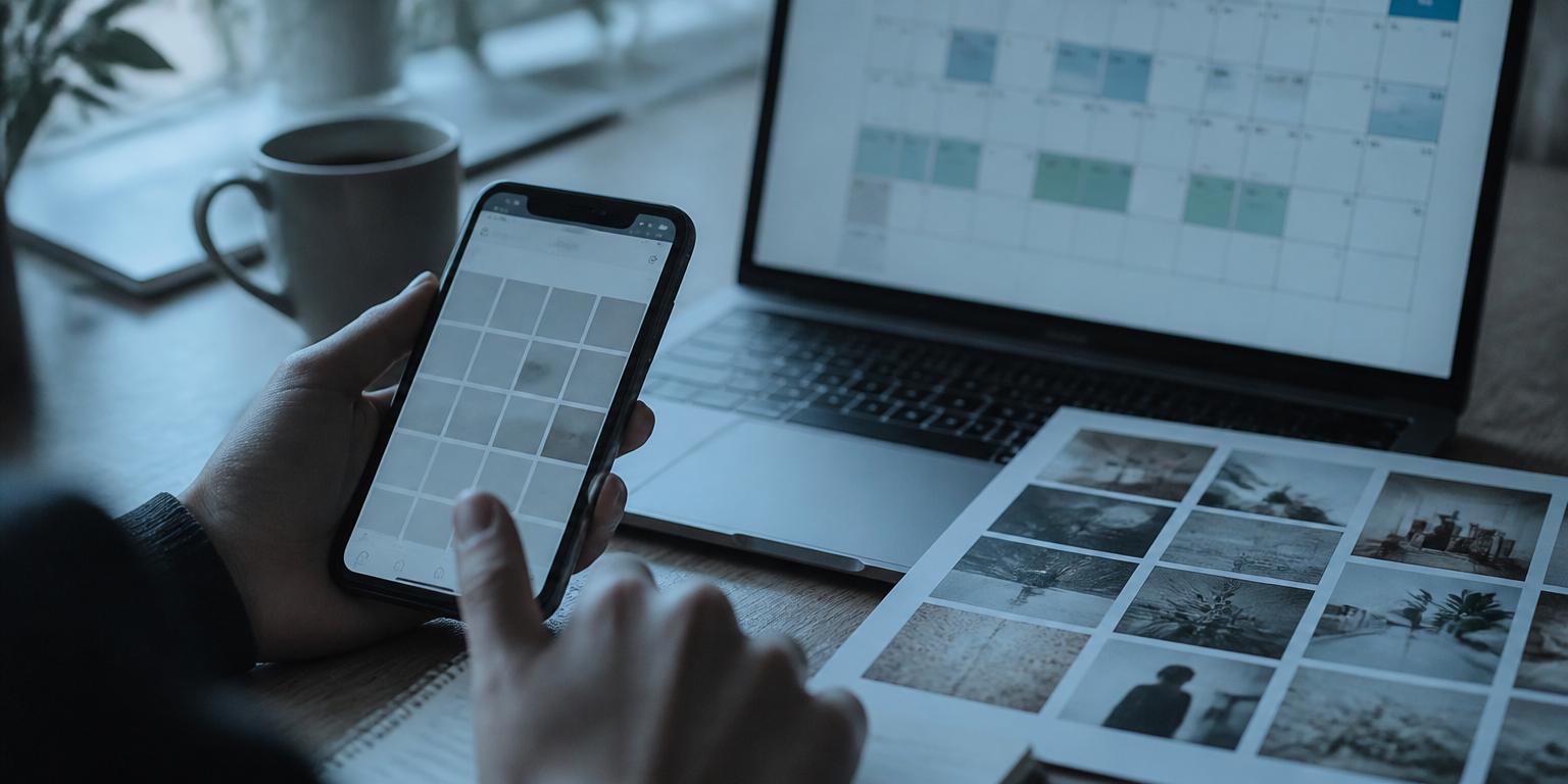 Móvil con calendario de contenidos y portátil sobre mesa de trabajo, agencia Ranky en Vitoria-Gasteiz