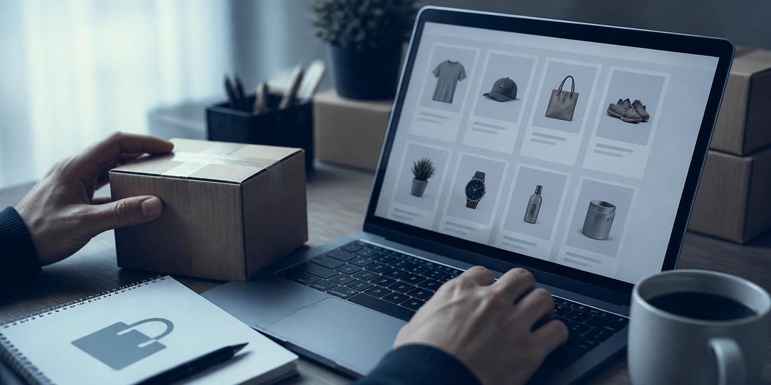Portátil con catálogo de tienda online y caja de envío sobre mesa de trabajo, agencia Ranky en Vitoria-Gasteiz