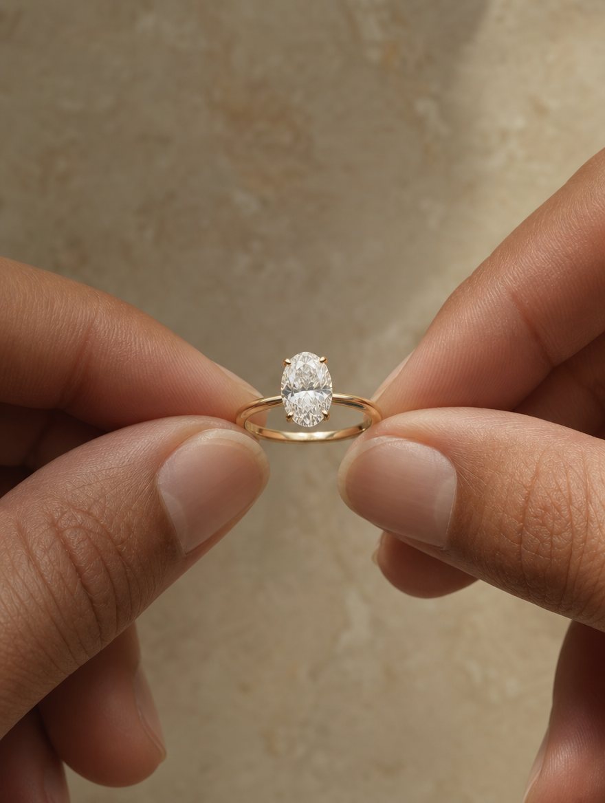 Anillo de compromiso con diamante oval entre dos manos