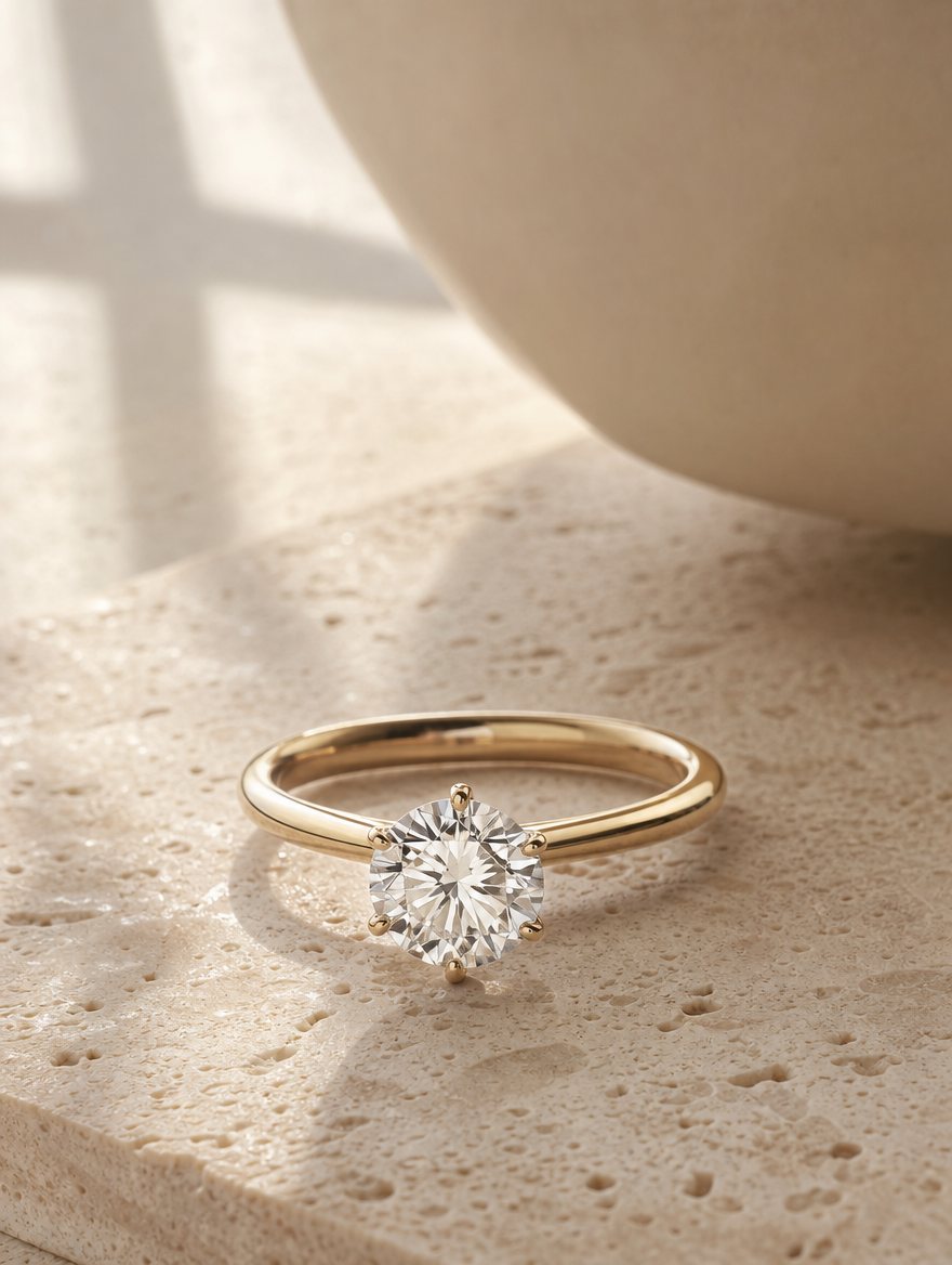 Solitario de oro con diamante sobre piedra travertino