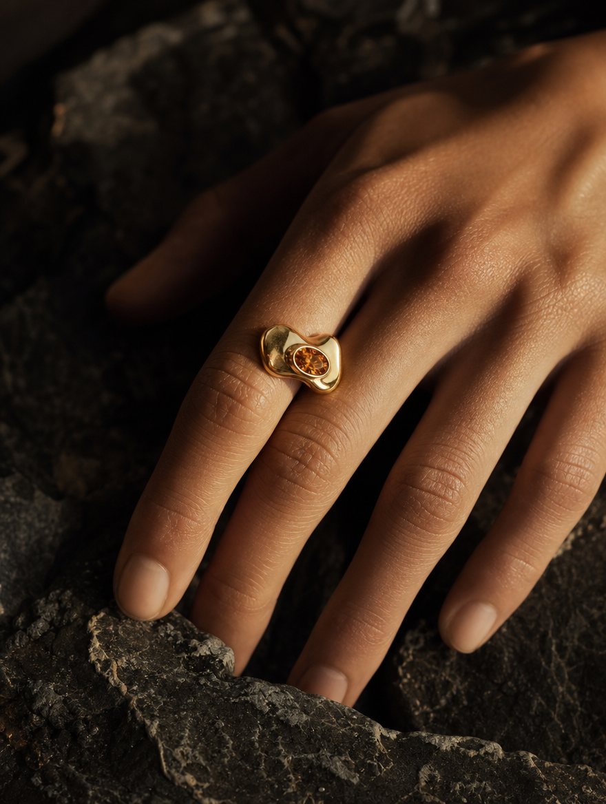 Sortija de oro con piedra naranja sobre una mano